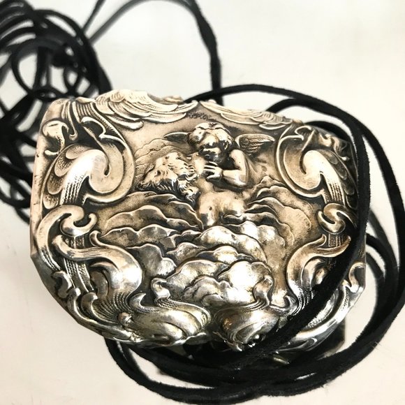 Antique Sterling Silver 925 Cuff Tie Wrap Bracelet Victorian Cherub Putti Biker - Picture 12 of 13